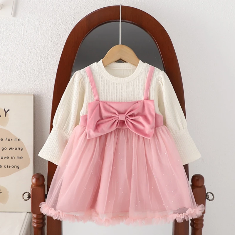 Autumn Baby Girls Long-sleeved Dresses Spring Lovely Strap Style Fashion Toddler Fake Two Pcs Lace Princess Dresses 1-5 Years