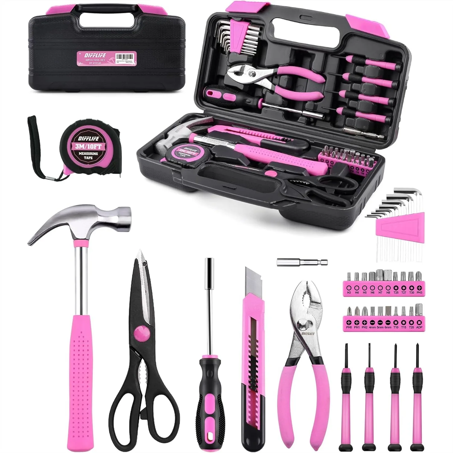 

Pink Tool Set - 40 Piece Household Hand Tool Kit with Plastic Storage Case, Ideal for DIY and Home Repair