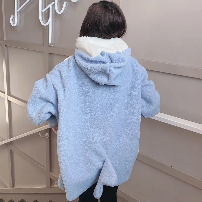 Fashionable Embroidered Letters Women's Sweatshirt Winter Warm Patchwork Cashmere Girly Design Loose Hoodie Tops Clothes