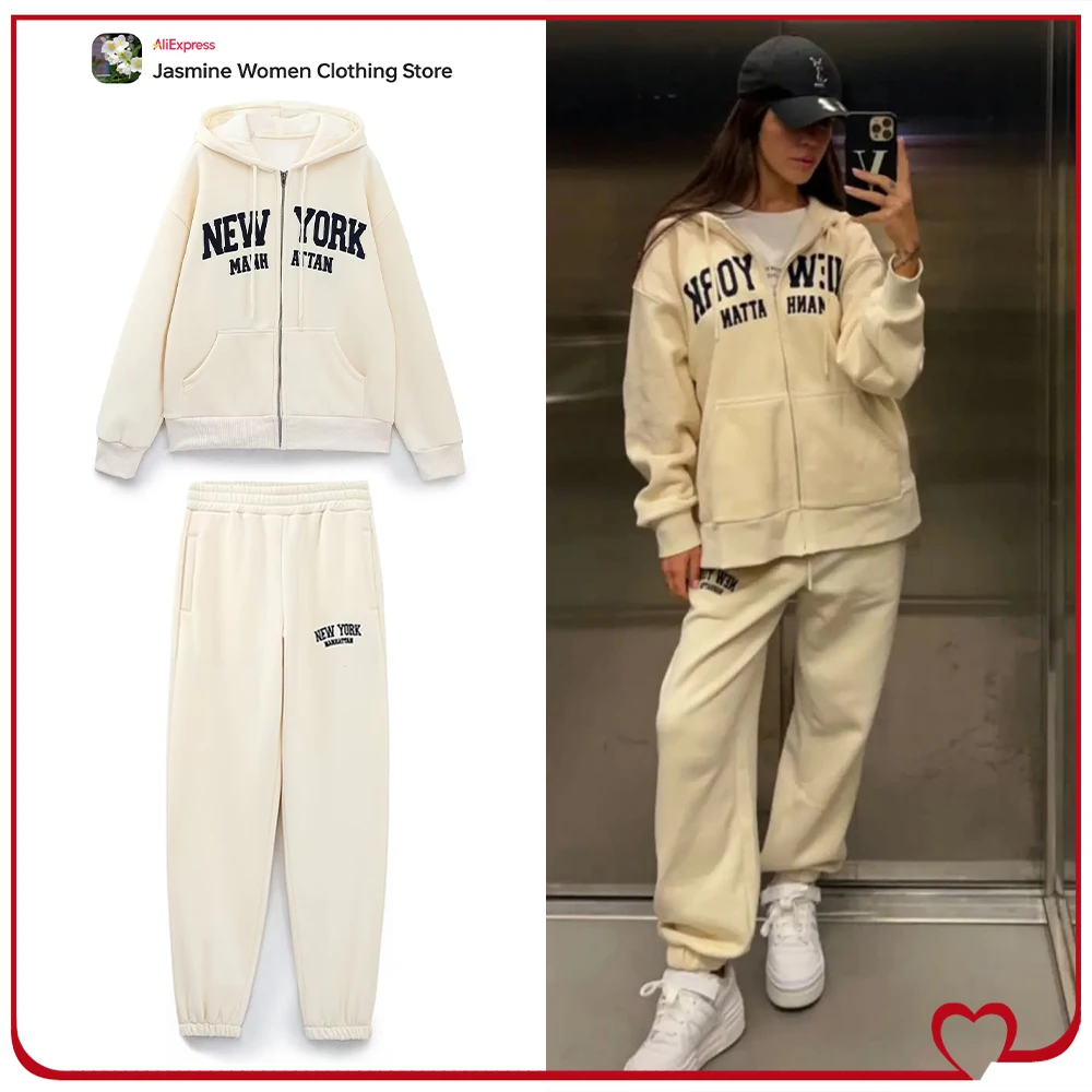 

Varsity Contrast Text Tracksuits for Women Stylish Sports Pant Sets Embroidered Zipper Hooded Sweatshirts Matching Jogging Pants