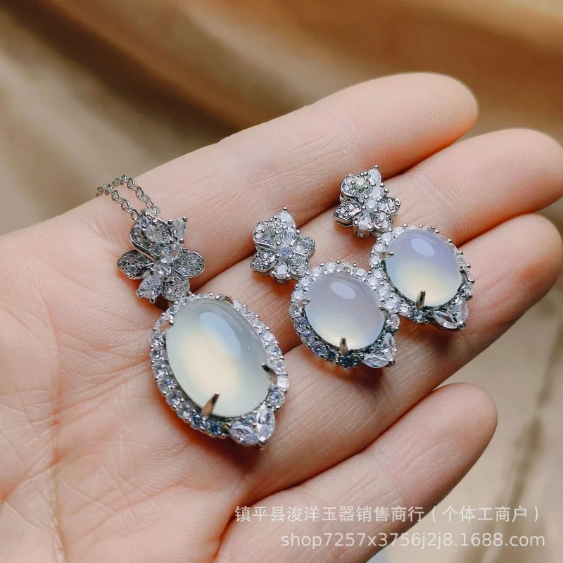 Natural pigeon egg necklace with silver-plated inlay, Little Red Book style jade pendant earrings two-piece set