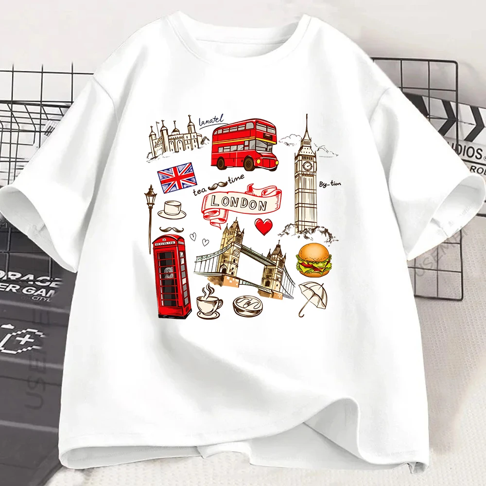 Camiseta gráfica de Londres, Inglaterra, con estampado de autobús rojo y Big Ben, camiseta informal de manga corta de verano, estilo recuerdo de viaje para mujer