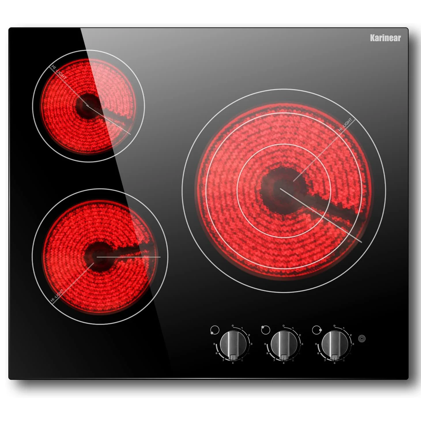 Karinear-built-in elétrica cerâmica Cooktop, fogão Top, botão de controle, Hot Warning, Over-Temperatur, 3 queimadores, 24 polegadas