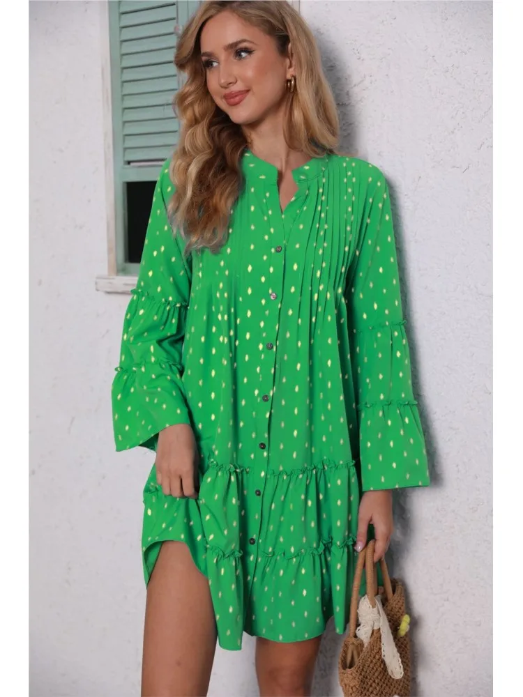 

Spring Summer New Women's Fashionable Printed Hot Stamping Pleated Flared Sleeves Casual Loose Single Breasted Dress