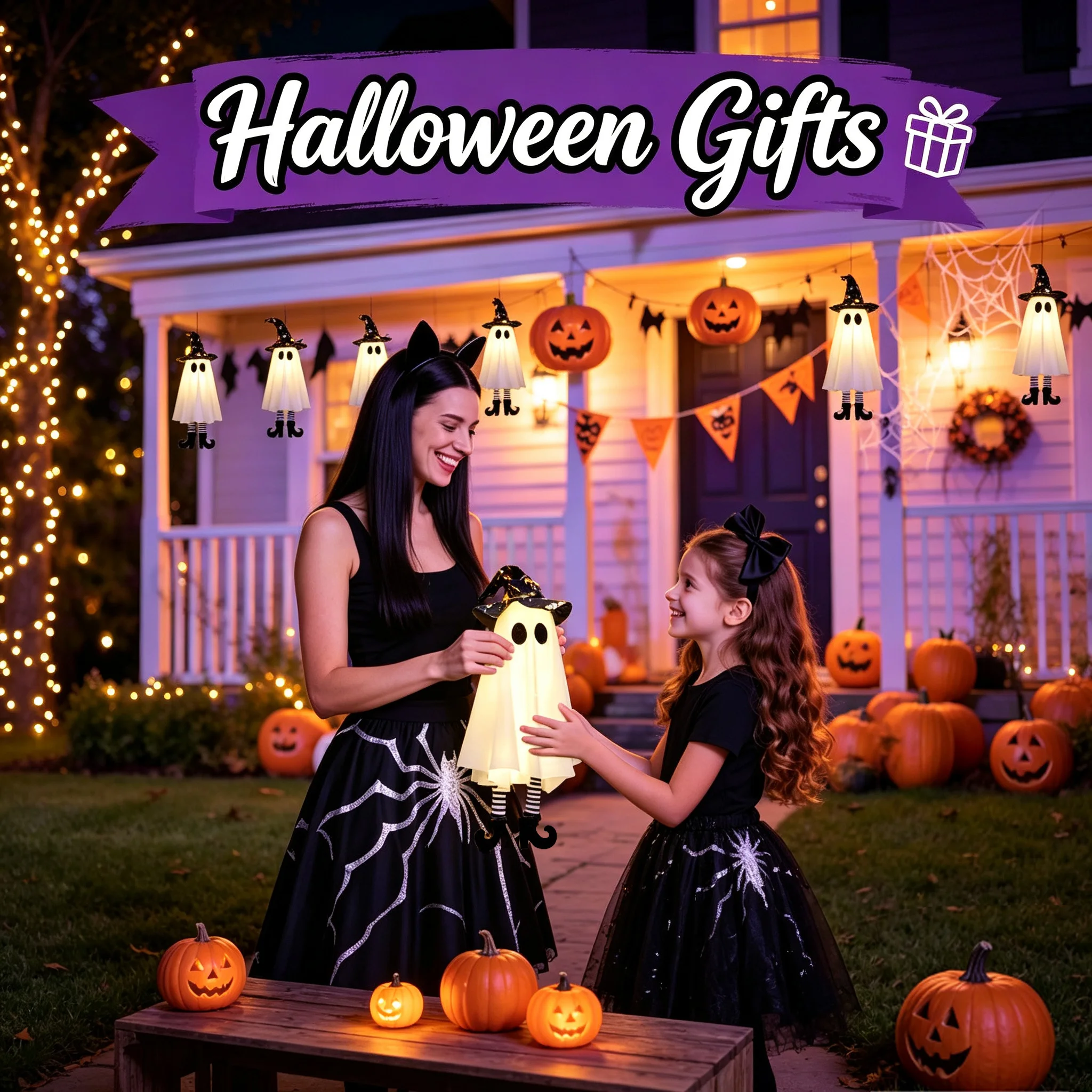 Halloween LED Light Up Hanging Ghosts with Witch Hat Party Decoration Horror Ornaments Lamp for Indoor Outdoor Yard Garden Gifts
