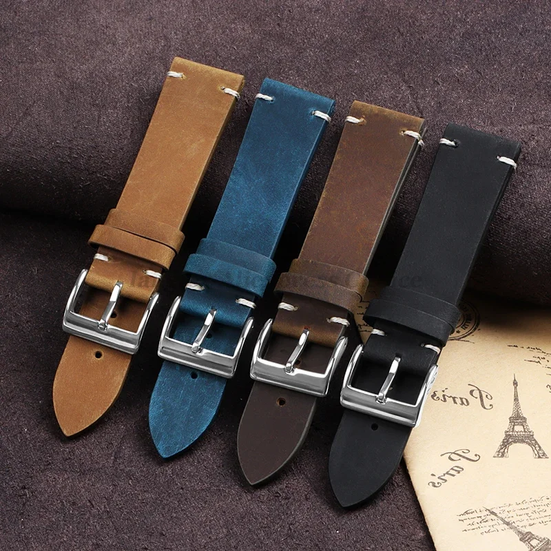 18mm 20mm 21mm 22mm Vintage Oil Wax Leather Watch Band Handmade Stitching Cowhide Strap for Seiko for Omega Men Women Wristbands