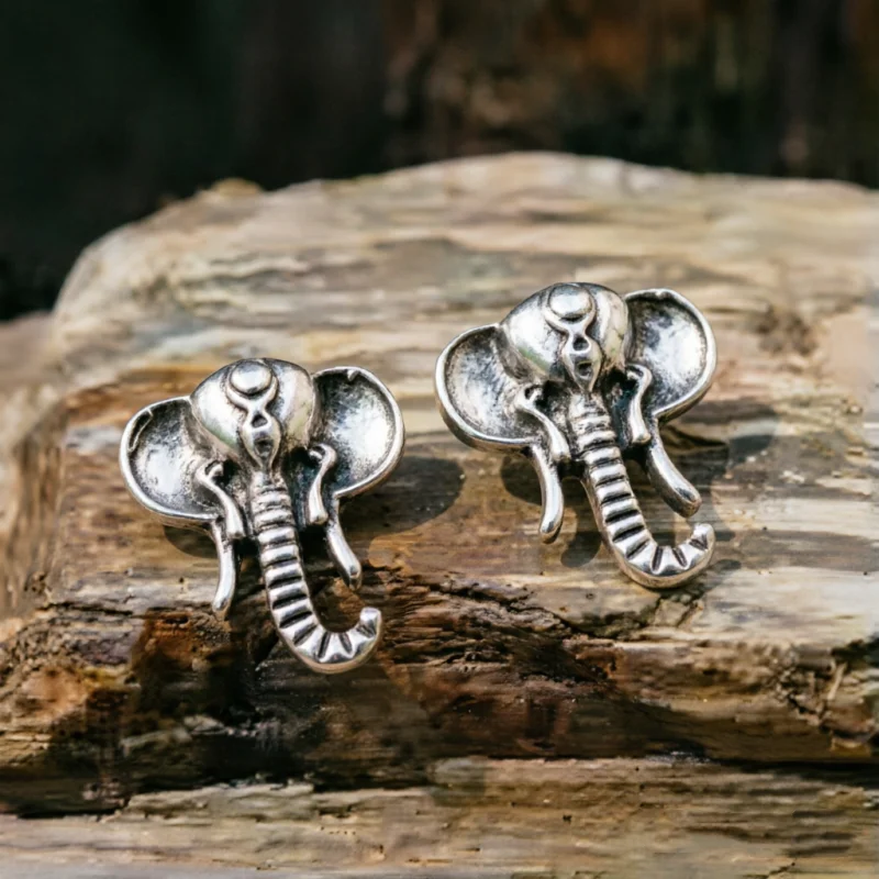 Bohemian Ethnic Style Unique Hand Carved Elephant Silvery Stud Earrings for Women Vintage Personalized Festival Vacation Jewelry