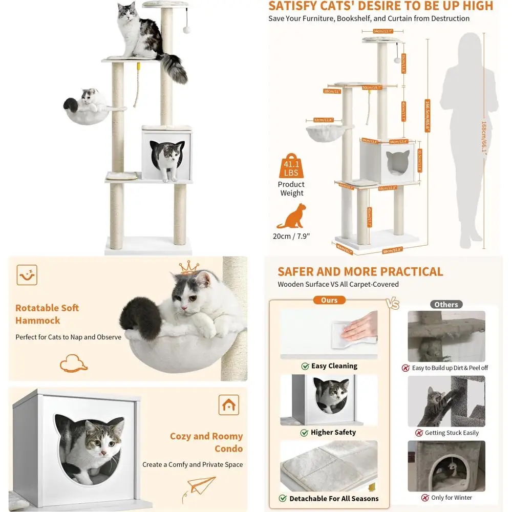 

Крытая башня для кошек 65, деревянная кондоминирование с гамаком, когтеточка, съемные подушечки для современной жизни домашних животных