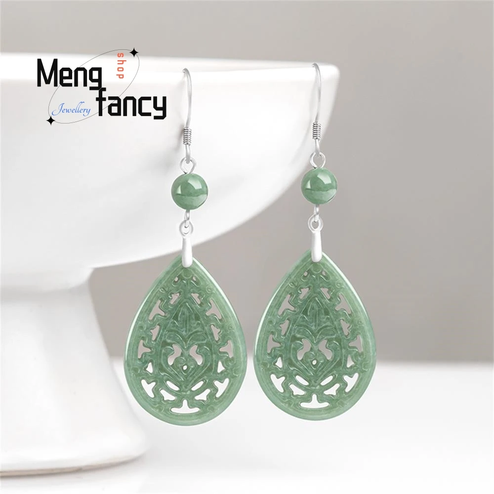 S925 Silver Inlaid Natural A-goods Jadeite Retro Hollow Carved Flowers Jade Earrings Exquisite Personalized Fashion Fine Jewelry