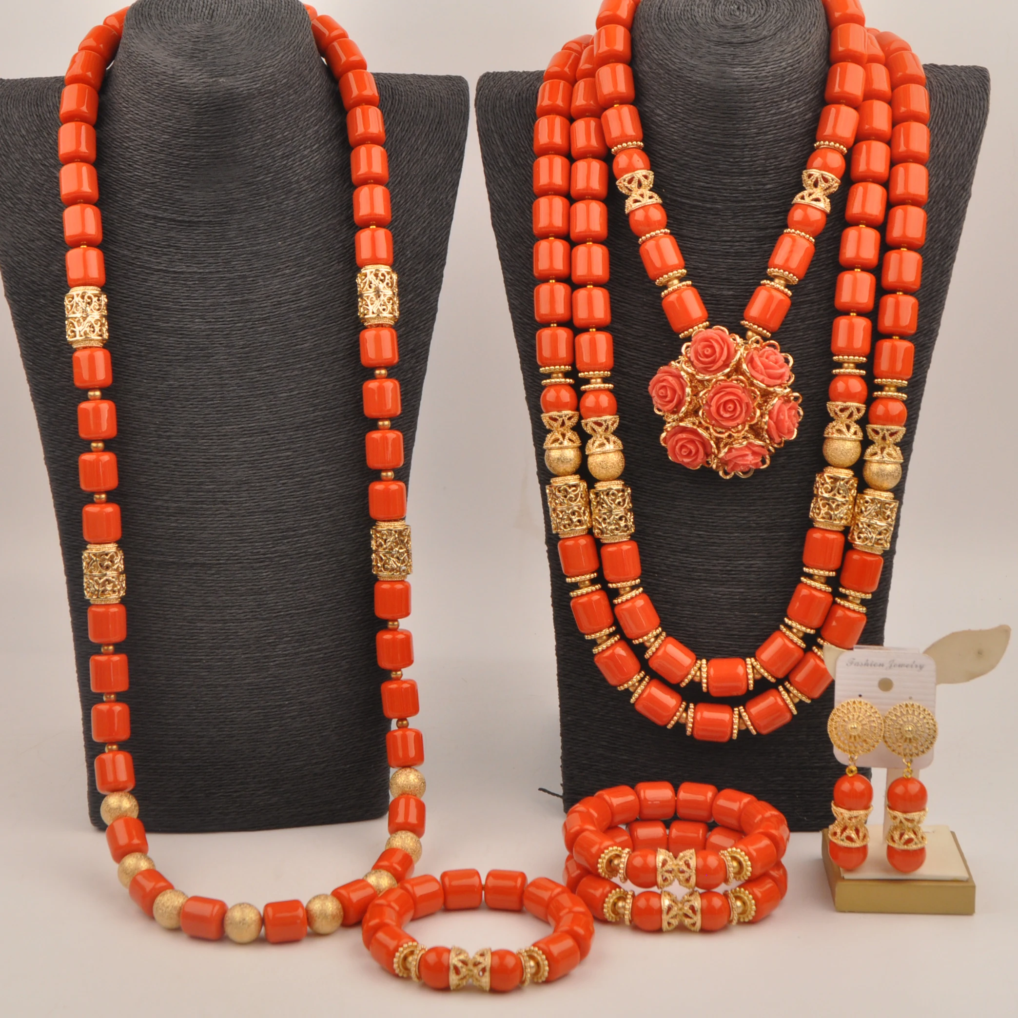 

Nigerian Wedding Couple Jewelry Orange Artificial Coral Bead Necklace Sets