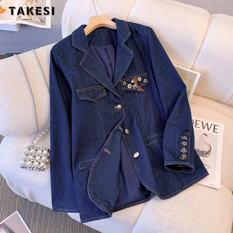 

2023 Autumn Winter Korean Casual Style Baggy Blue Denim Jacket Women's Fashion Office Lady Vintage Style Loose Jean Coat