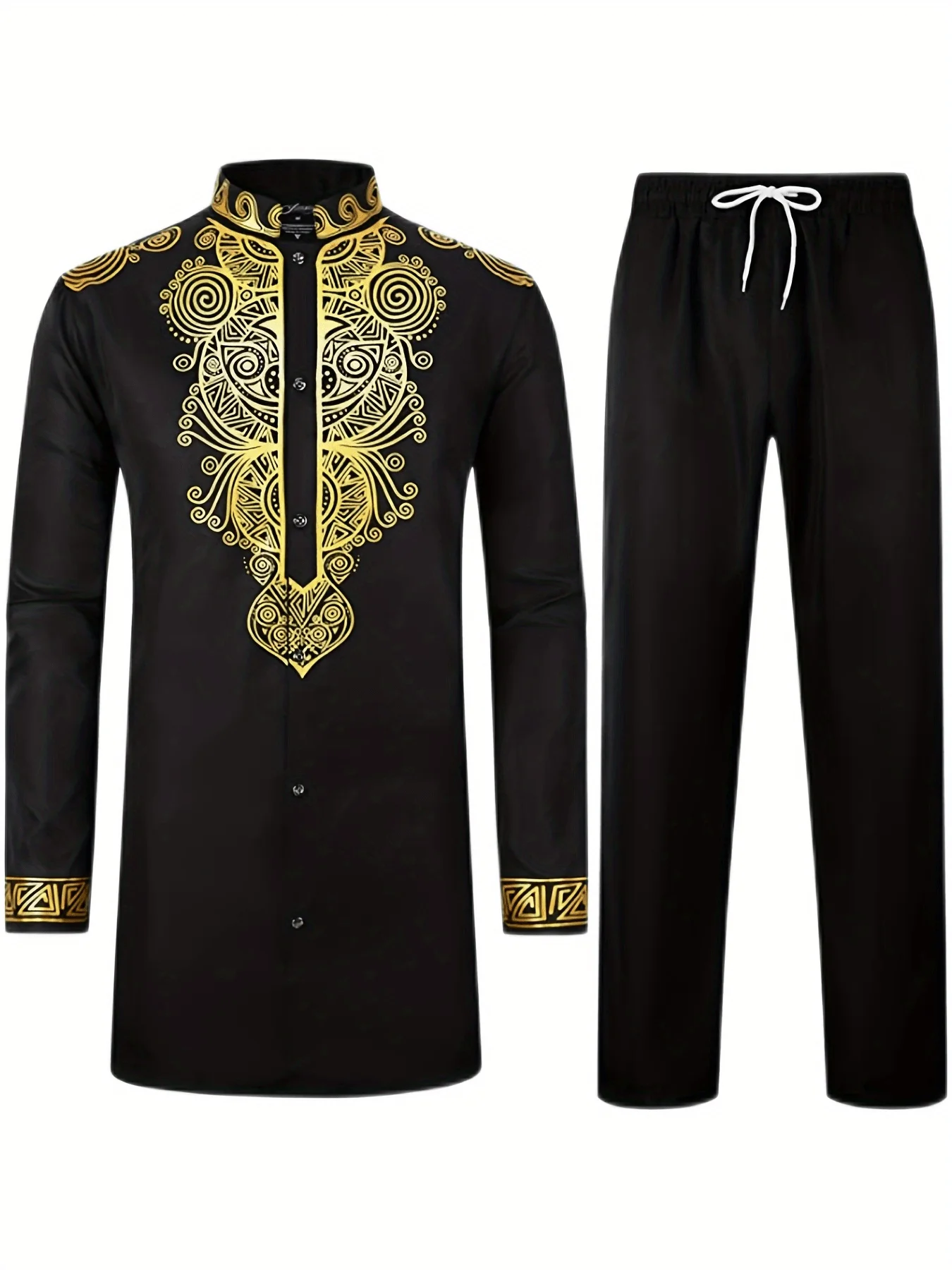 Muslim Robe Ethnic Style Pattern Printing 3D Printing Technology Long Sleeves Long Pants Arab Men's Traditional Clothing Casual