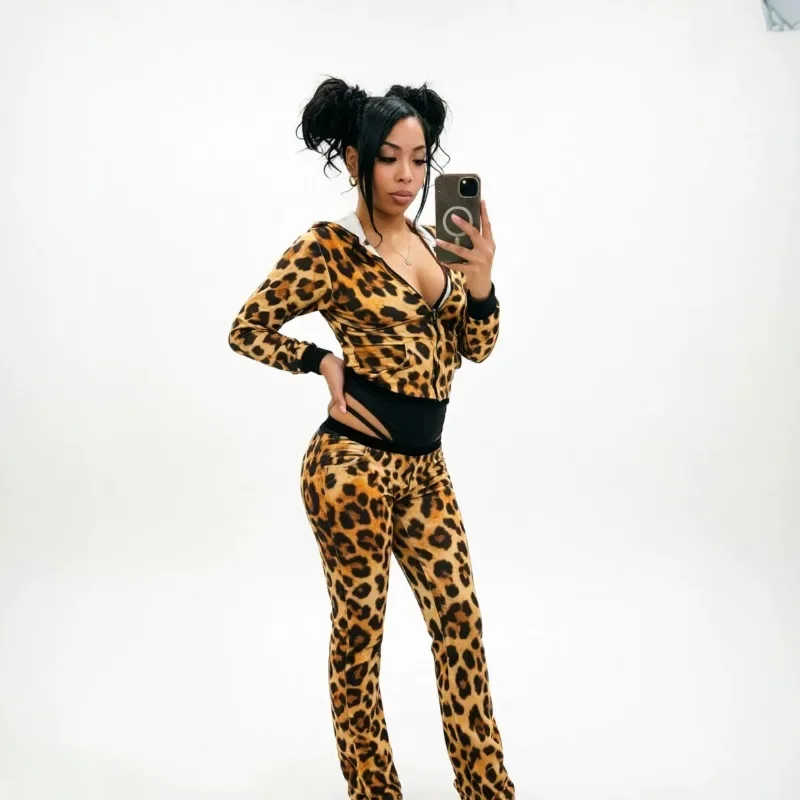 Leopard Camouflage Print Zebra Stripes Casual 2 Piece Set Women Tracksuits Long Sleeve Zipper Hooded Sweatshirts + Pockets Pants
