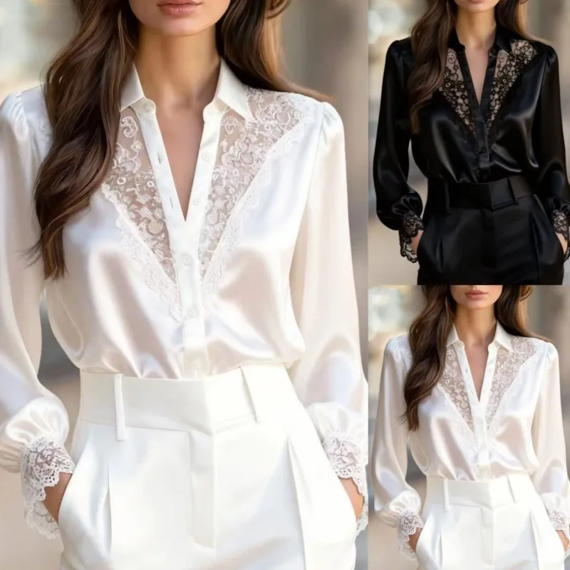 

Boho Simple Women's Blouses Spring And Autumn Design Niche Lace V-neck Puff Sleeve Top Fashion Shirts For Women White Clothing