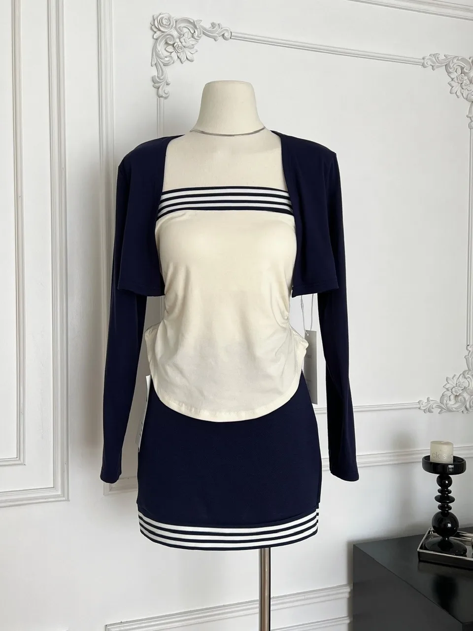 

Корейский женский осенний комплект Faion Pure Desire контрастного цвета в полоску, облегающий топ-труба, жилет или Long Sve Open Card...