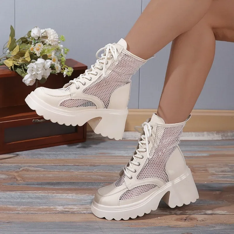 2024Summer New Fashion Thick High Heels Platform Cross-tied Sewing Cut Out Mesh Genuine Leather Women Ankle Short Modern Boots