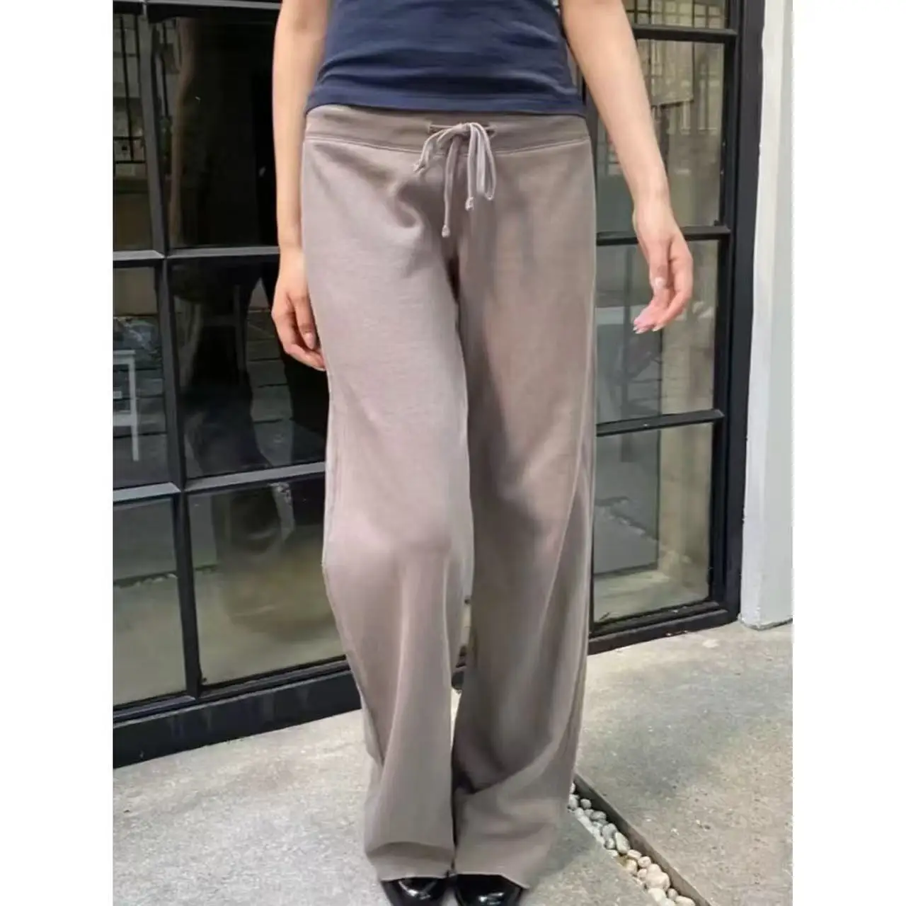 

Solid Drawstring Joggers Sweatpants Women Raw Hem Casual High Waist Wide Leg Pants Vintage Streetwear Loose Sports Trousers Y2K