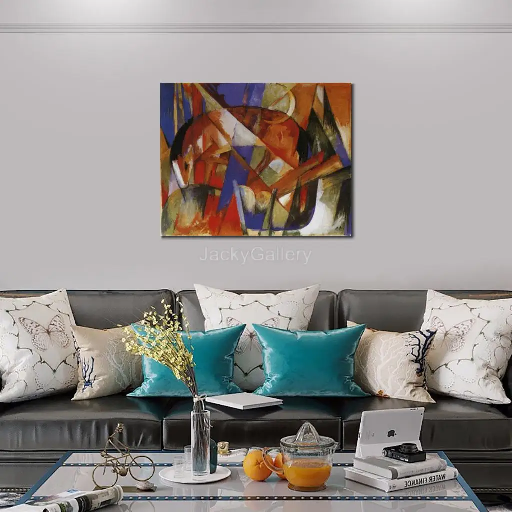 Handmade Franz Marc Abstract Two Horses Red Blue Impressionist Painting in Oils Canvas Masterpiece for Study Room Display