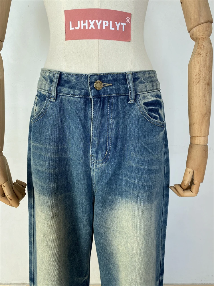 Damskie białe jeansy retro w kolorze niebieskim, proste, codzienne spodnie, spodnie dla cool girl, damskie spodnie z wysokim stanem i szerokimi nogawkami w stylu vintage.