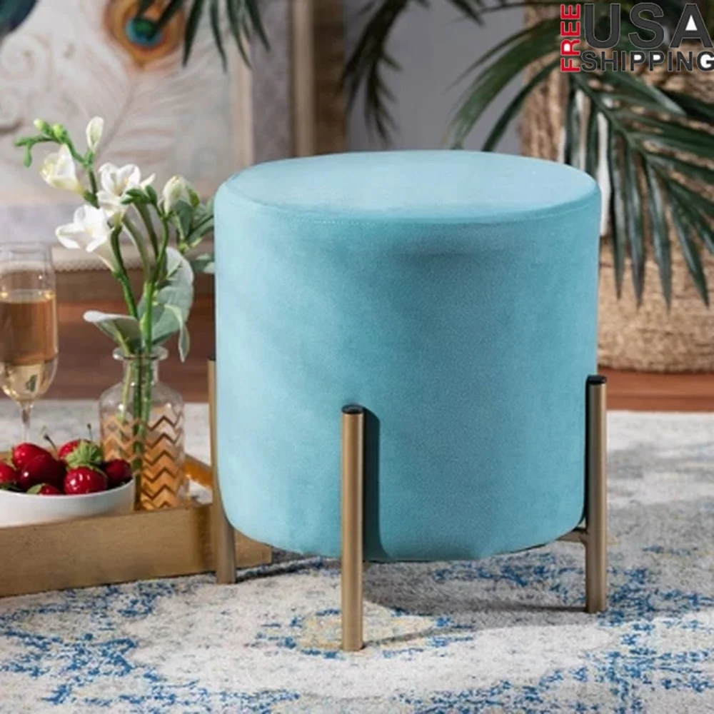 

Modern Velvet Ottoman Footstool with Metal Legs Padded Foam Upholstered Round Cushion Fully Assembled Contemporary Accent
