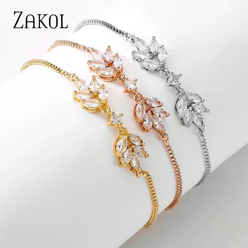 ZAKOL Simple Leaf Cubic Zirconia Adjustable Bracelets for Women Fashion Party Jewelry