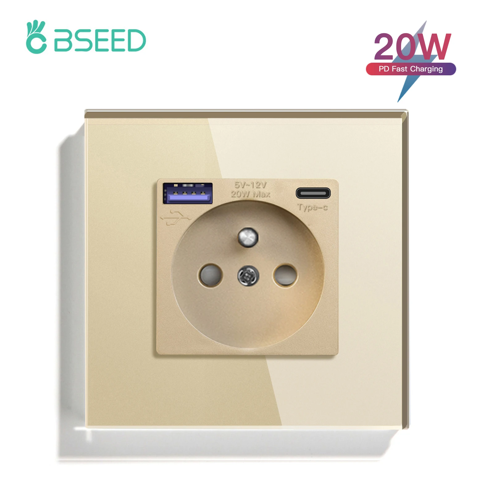 Bseed France Standaard Stopcontact Usb Type-C Oplaadpoort Glaspaneel 20W Snel Opladen Franse Socket 110-250V