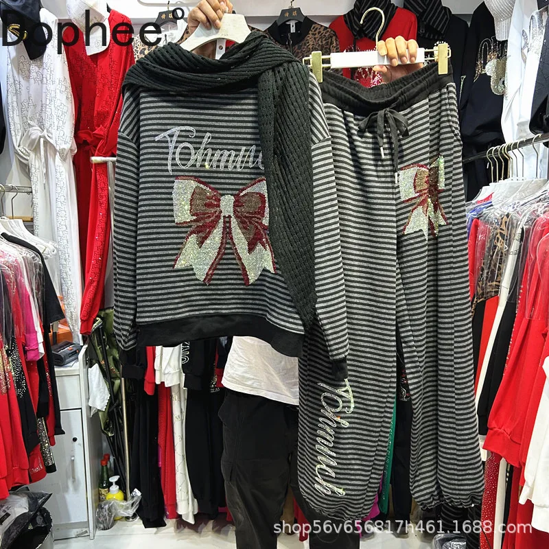 

Vintage Casual Women Two-piece Set Cute Bow Diamonds Stripes Long Sleeve Hoodie Pullover Top Elastic Waist Loose Straight Pants