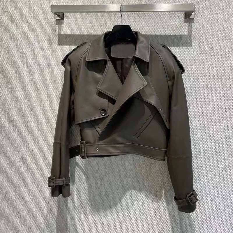 Chaqueta de cuero genuino de lujo para mujer, abrigo de longitud corta con cuello vuelto, ropa con cinturón, primavera y otoño, 2023