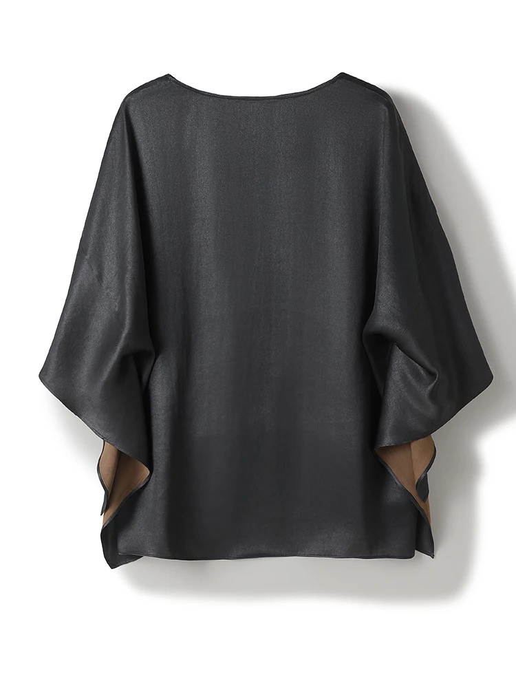 New Chinese Style Silk Shangyi Summer Women's Loose Batwing Sleeve 100% Silk Loose Slimming Top Black Coffee Color