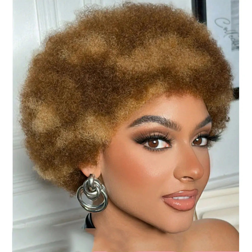 Afro Kinky Curly Highlight Wig Human Hair Ombre Brown Blonde Kinky Curly Afro Human Hair Wigs for Women Cosplay Full Machine Wig