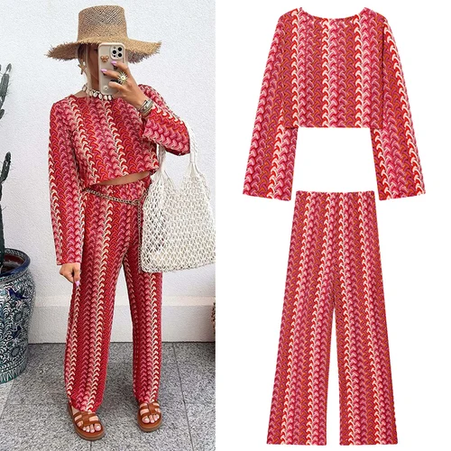 Imagen 1 del producto Conjuntos de pantalones de punto de ganchillo para mujer, trajes de 2 piezas, Top de manga larga a la moda, traje informal de dos piezas, 2025