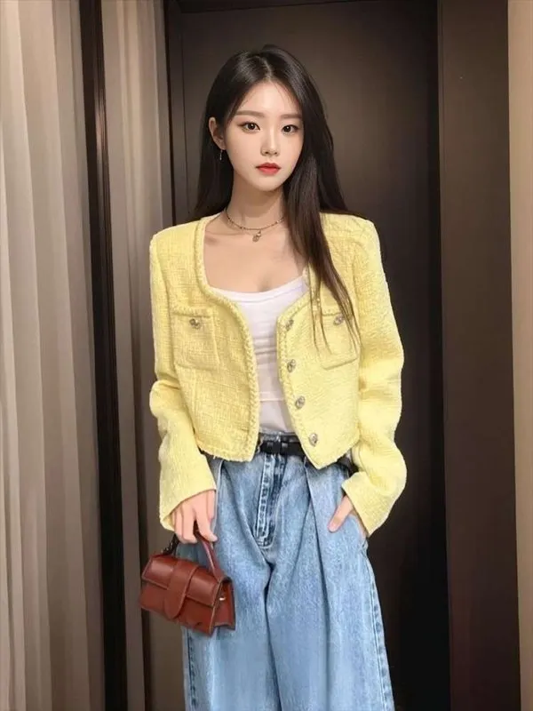 

Yellow High Waist Faion Suit Pants Women's ort Coat Tee Piece Set Chic Winter Outfit for Middle-Aged Women