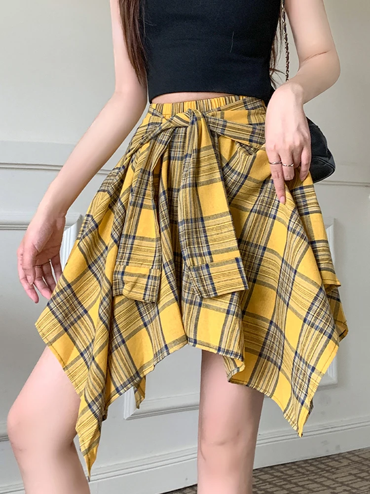 Streetwear Plaid Print Irregular Women's Summer Short Skirt With Lace Bow Elastic Waist Casual Vintage Harajuku Skirts Girls