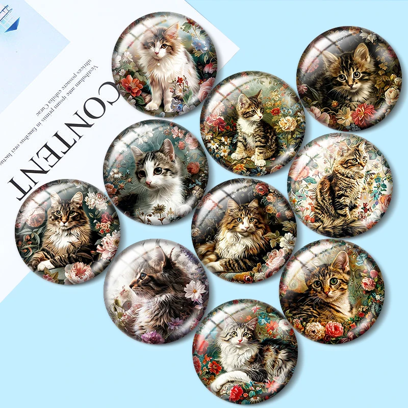 Akwarela Vintage Cat 10 sztuk 12mm/18mm/20mm/25mm okrągłe zdjęcie szklany kaboszon demo płaski tył dokonywanie ustaleń