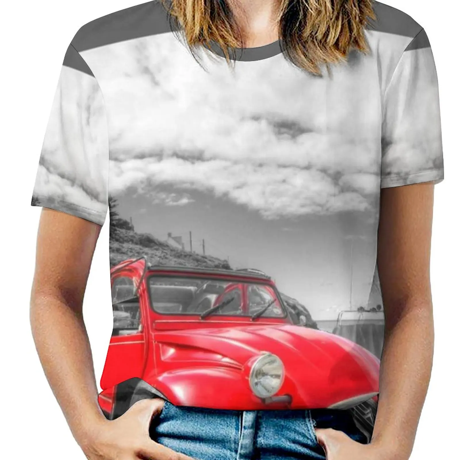 Cornish 2Cv Woman'S T-Shirt Spring And Summer Printed T Shirts Crew Neck Pullover Top 2Cv Red Car Auto Diane Convertable Port