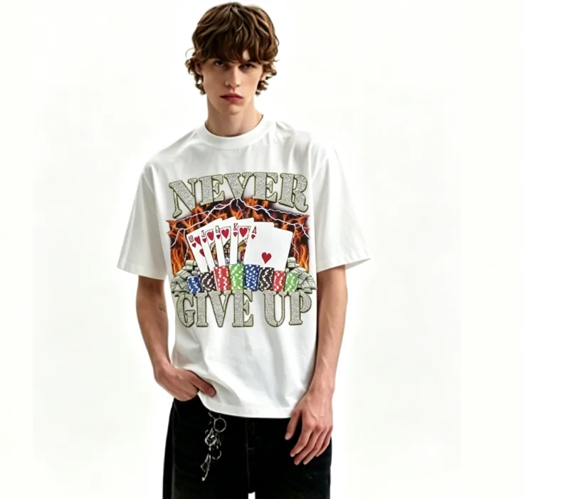 2026 Vintage Playing Card Graphic T Shirt Flame Lightning Cash Chip Print Oversized Short Sleeve Unisex Streetwear Tops