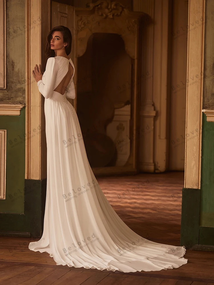 ชุดแต่งงานเรียบง่าย ผ้าซาติน ชุดเจ้าสาว แขนยาว คอวีลึก ทรงเมอร์เมด เปิดหลัง ทันสมัย ชุดแต่งงานแบบสั่งตัด