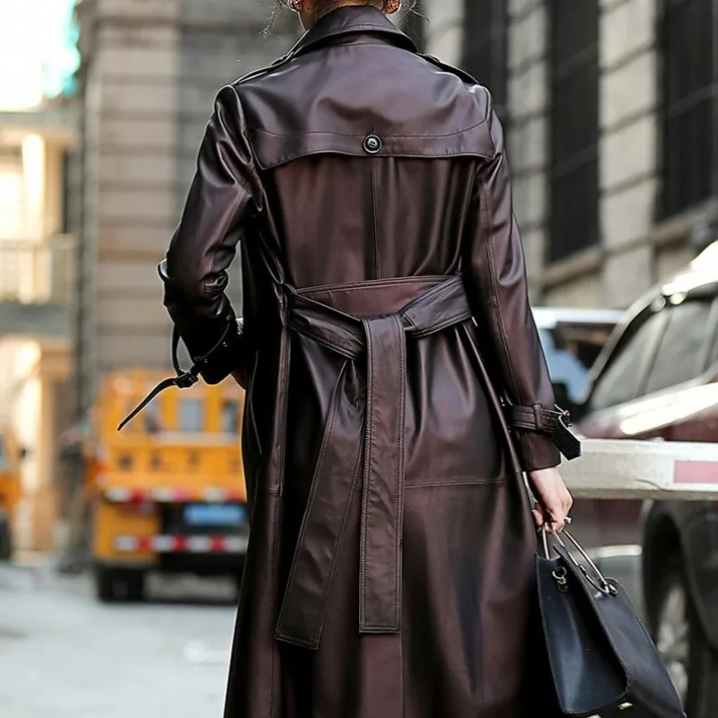 Chaqueta de cuero Natural para mujer, abrigo elegante de lujo con fajas, de piel de oveja, de diseñador, para oficina, invierno, 2023