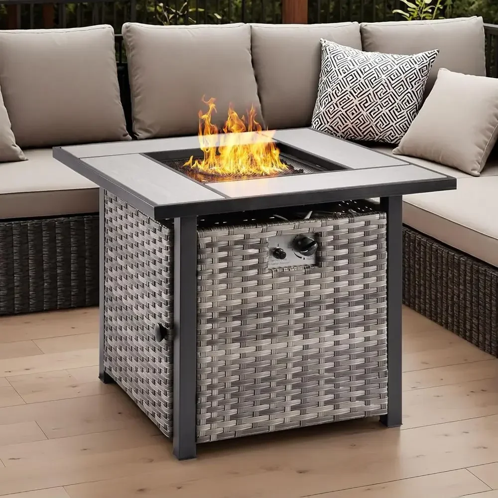 Square Grey Outdoor Propane Fire Pit Table with 50,000 BTU Heater, Rattan, Waterproof Cover, Steel Lid, and Lava Rocks