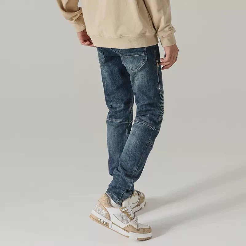 Streetwear Fashion Men Jeans Retro Blue Elastic Slim Fit Spliced Biker Jeans Men Patched Zipper Designer Hip Hop Pants Hombre