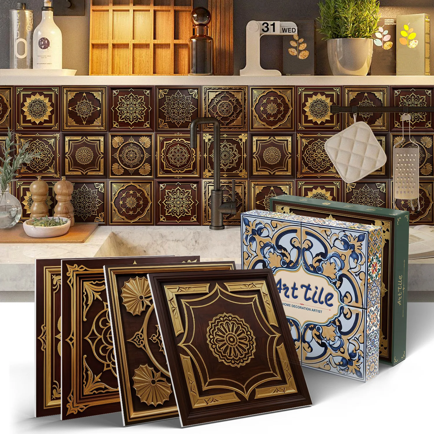12 Sheets Heavy Duty PET Adhesive Tiles, Luxury Mandala Wall Panels, Waterproof Peel and Stick for Countertop Door Corners