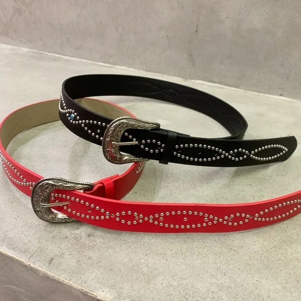 Cinturón de mujer con diamantes de imitación a la moda, cinturón de cintura con remaches de cuero PU de estilo étnico, vestido Punk americano, cinturón vaquero para mujer