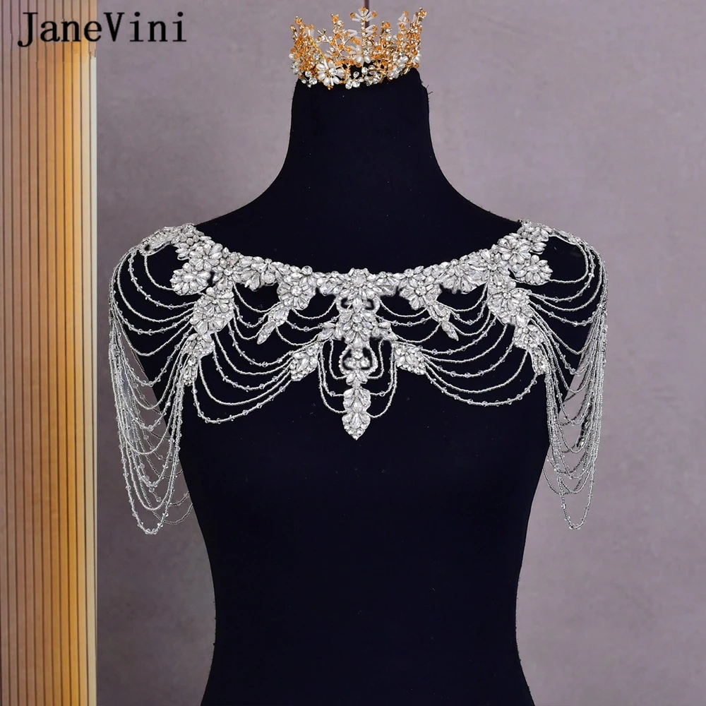 

JaneVini 2022 Luxury Rhinestone Crystal Bridal Shoulder Necklaces Beaded Women Pageant Prom Wedding Dress Shoulder Jewelry Chain