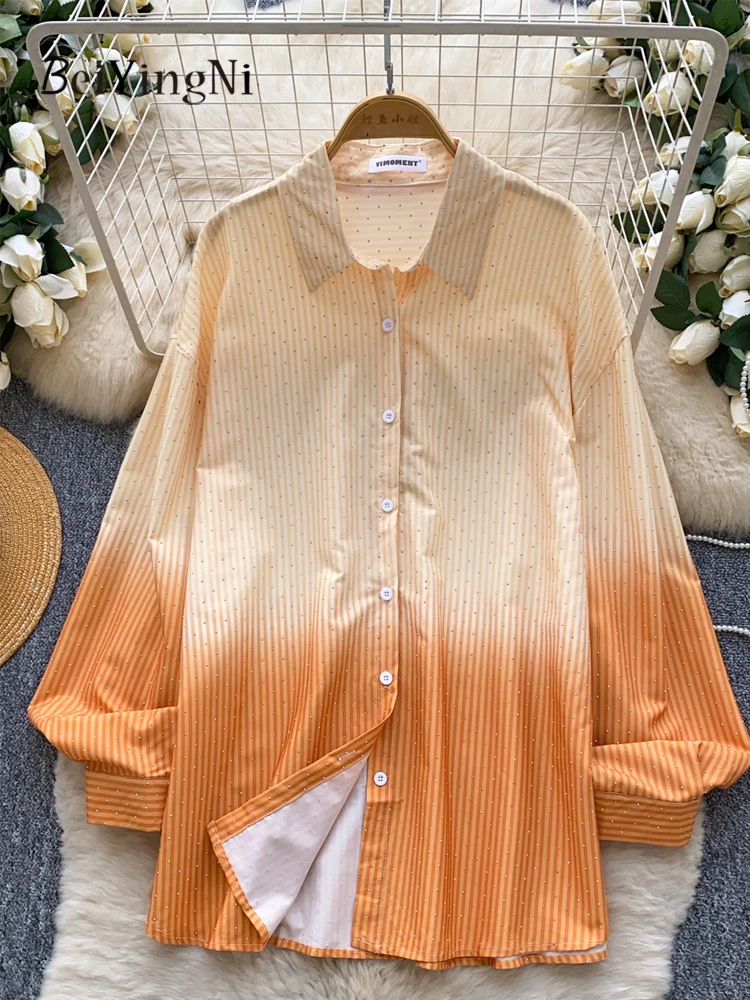 

Beiyingni 2026 New Fashion Oversized Shirts for Women Gradient Color Diamond Long Sleeve Tops Ladies Leisure Loose Chic Blusas