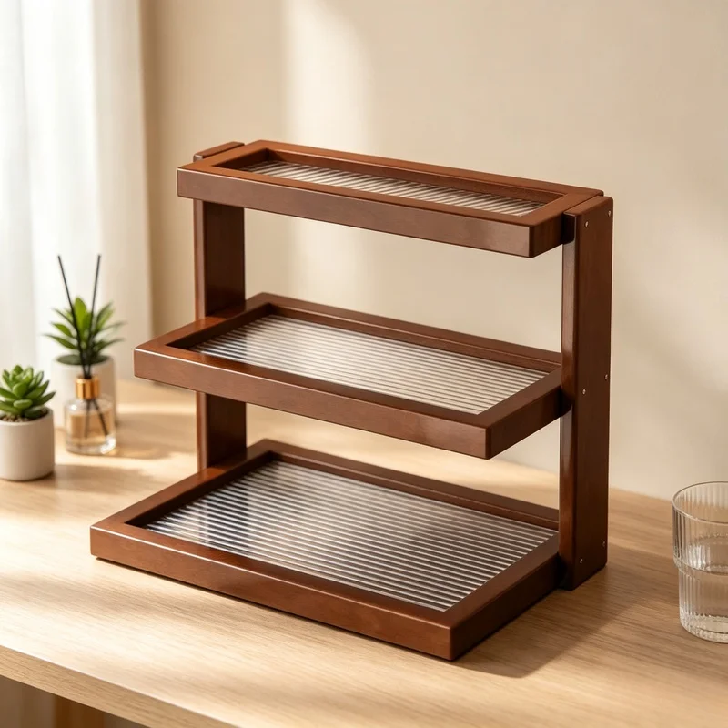 Three‑Tier Natural Wooden Coffee Cup Holder, Desktop Multipurpose Display Storage Rack for Kitchenware, Cosmetics and Small Spic