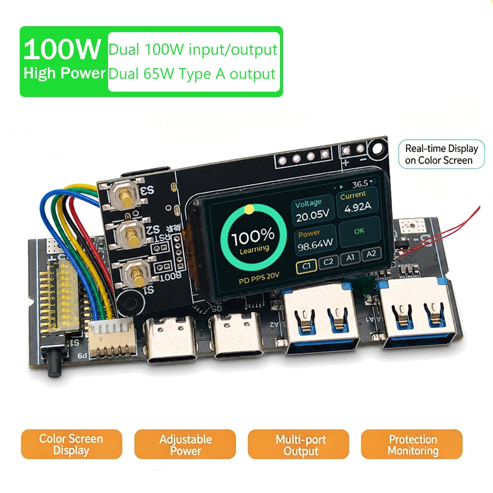 3-5S PD 100W Power Bank DIY Mainboard with TFT Color Screen Bidirectional Fast Charging Power Bank Module for Solar Energy