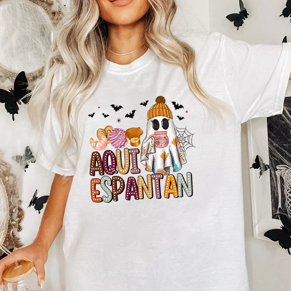 

Женская рубашка с принтом Aqu Espantan, милая женская одежда с призрачным узором на Хэллоуин, испанская футболка с круглым вырезом на Хэллоуин