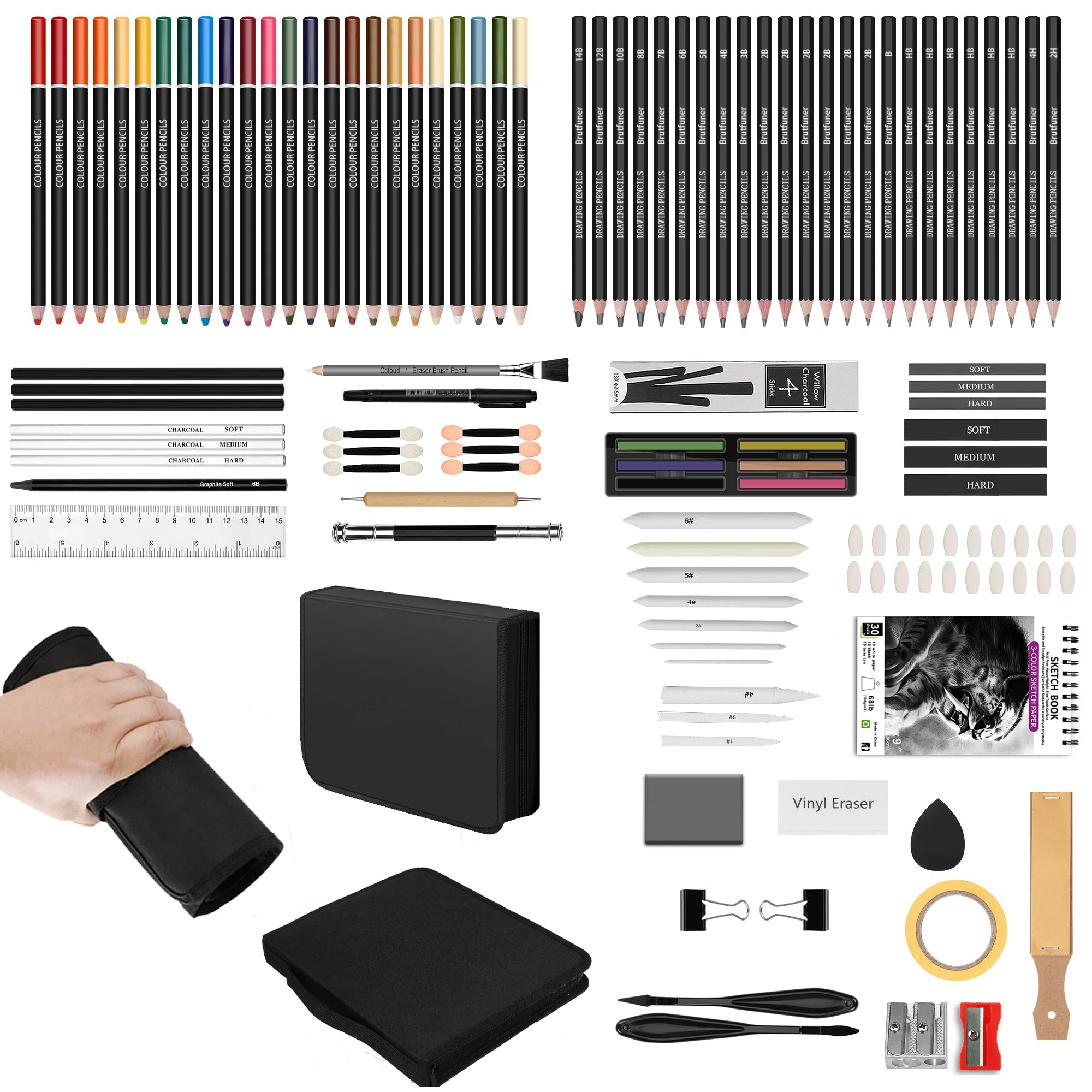 29/44/60/70/126 PCS Pro Drawing Kit, Complete Sketching Set Featuring Charcoal Sticks, Sketch Pencils & Essential Art Tools, Ideal for Shading, Portrait Drawing & Art Projects