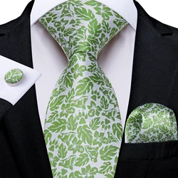 2023 New Fashion Light Green Floral Solid Silk Ties for Men Wedding Party Business Suits Accessories 8cm Tie Pocket Square Gift