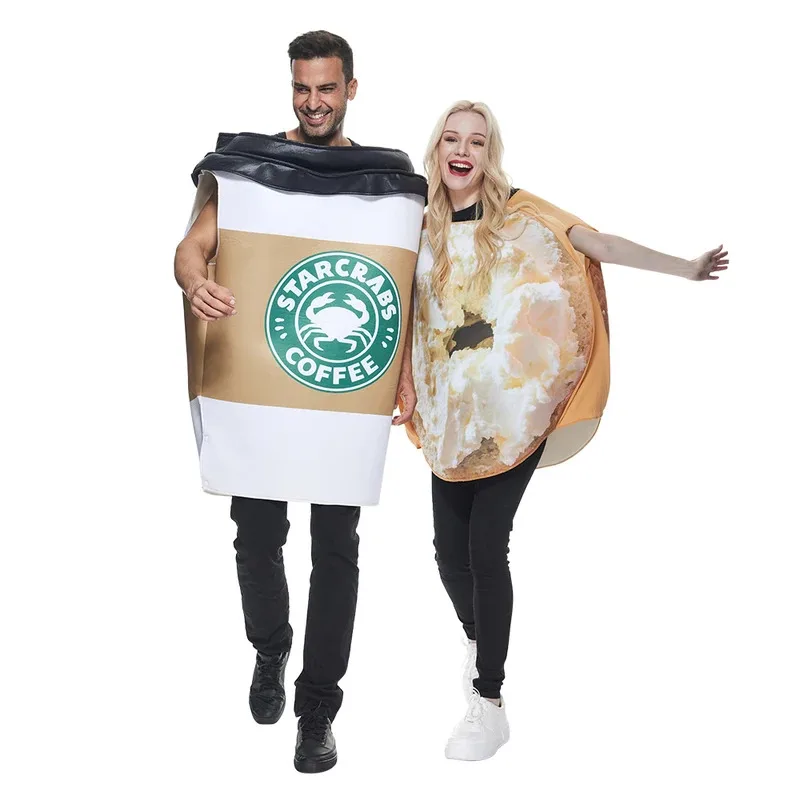 

Adults Funny Coffee Cup & Bagel Costumes for Halloween Food and Drink Dress up Carnival Easter Purim Fancy Dress